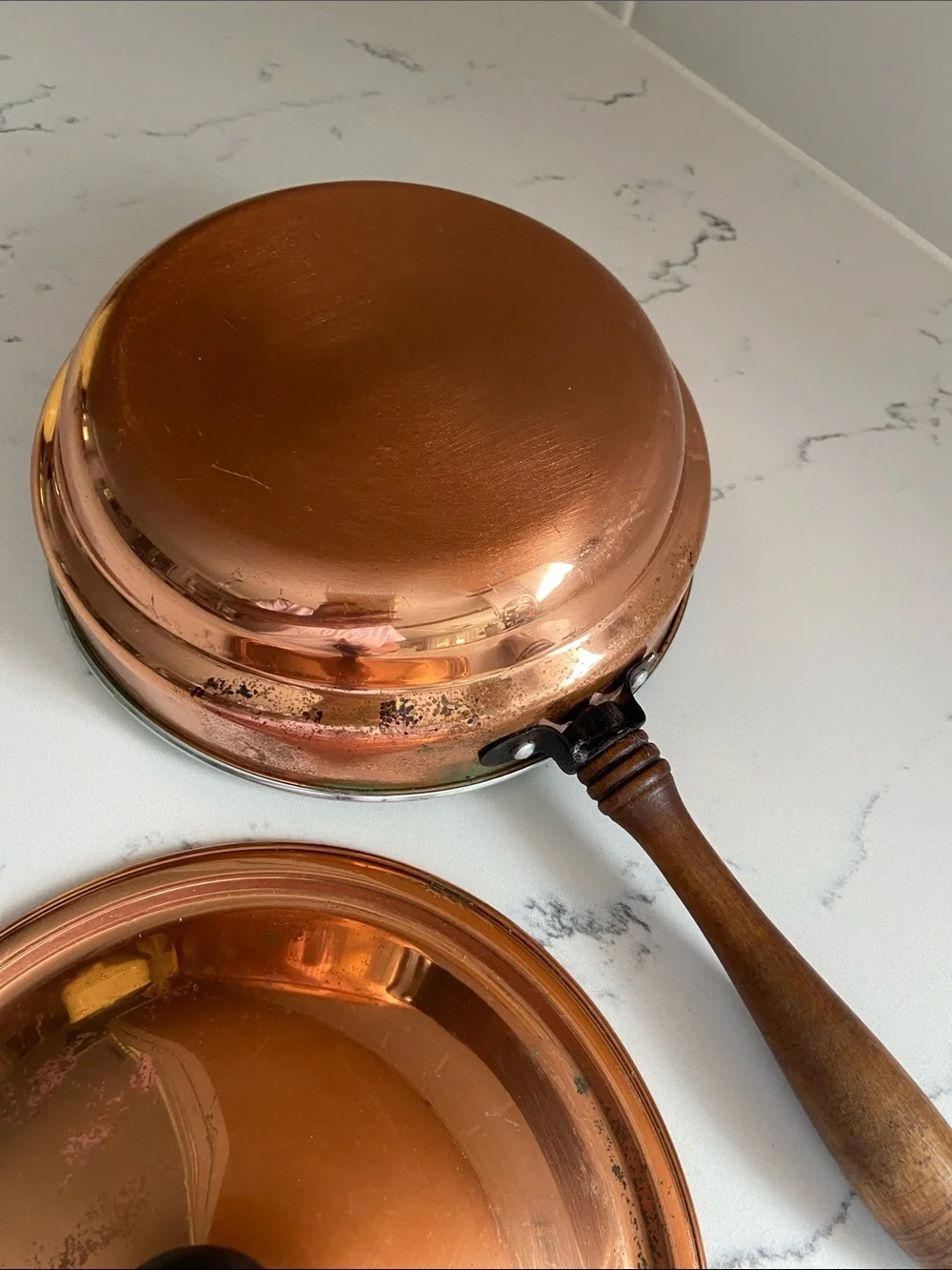 Vintage Copper Aluminum Lidded Skillet Wood Handle 7